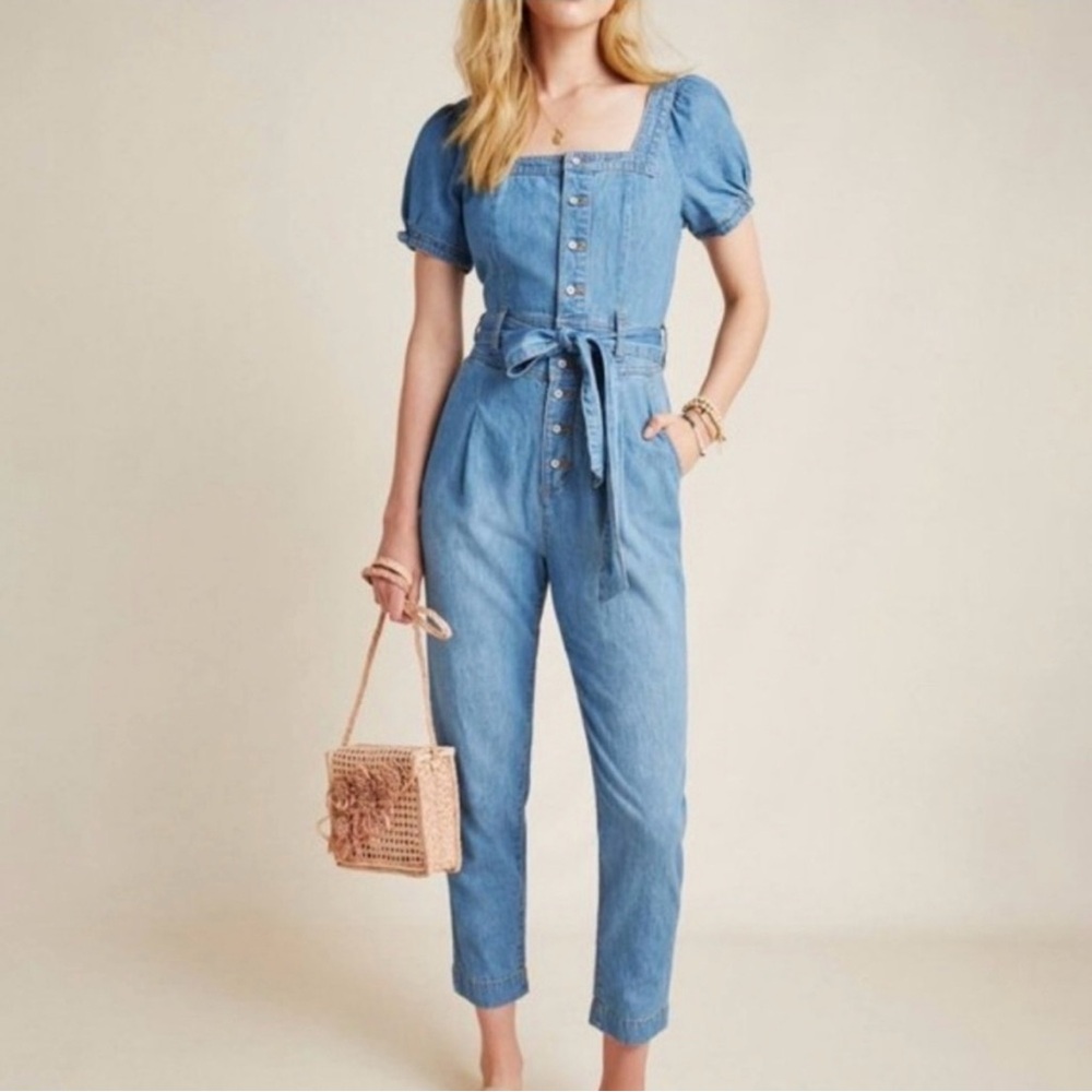 Anthropologie Pilcro Denim Puff-Sleeve Jumpsuit